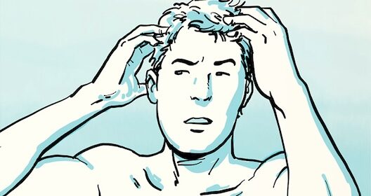 Illustration of a shirtless person applying hair product, touching their hair while looking to the side with a neutral expression.
