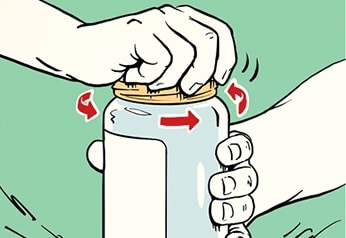 Illustration of two hands demonstrating ways to open a jar. One hand holds the stuck jar lid, while the other twists it counterclockwise. Arrows indicate the direction of motion. Green background.