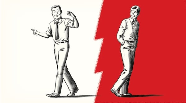 Illustration of two men, one as a social initiator gesturing and the other a non-initiator with hands in pockets, set against a split red and white background, much like a compelling PSA on communication dynamics.