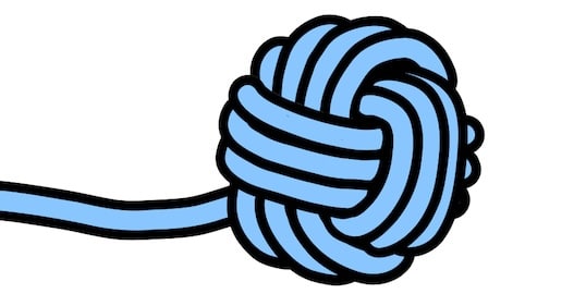 This illustration showcases a blue Monkey's Fist Knot with a single strand extending from it on a white background, perfect for those eager to learn how to tie this intricate knot. Ideal for any knots tutorial or step-by-step guide.