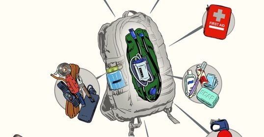 Illustration of a BugOut Bag packed with essential camping items like a water bottle, flashlight, multitool, first aid kit, cash, canned food, and bear spray. Each item is displayed in separate circles around the survival pack.