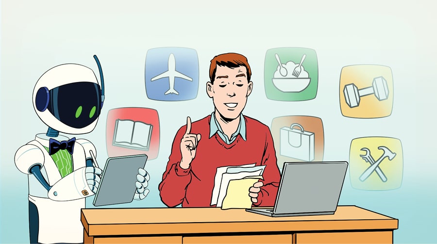 A man sits at a desk, holding papers and pointing upwards, while a robot using AI engages with a tablet. Icons of travel, dining, fitness, reading, shopping, and tools float in the background.