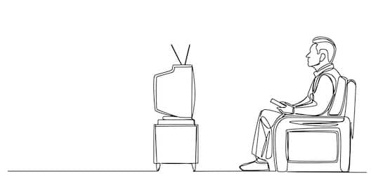 Line drawing of a person sitting on a chair watching an old-fashioned TV on a stand.