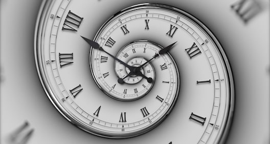 A spiral of clock faces with Roman numerals creates a swirling illusion, as if slowing down time—a visual echo much like a science podcast exploring the mysteries of hours and minutes.