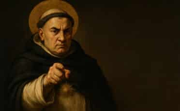 A man in religious attire with a halo, evoking Thomas Aquinas, points directly at the viewer against a dark background.