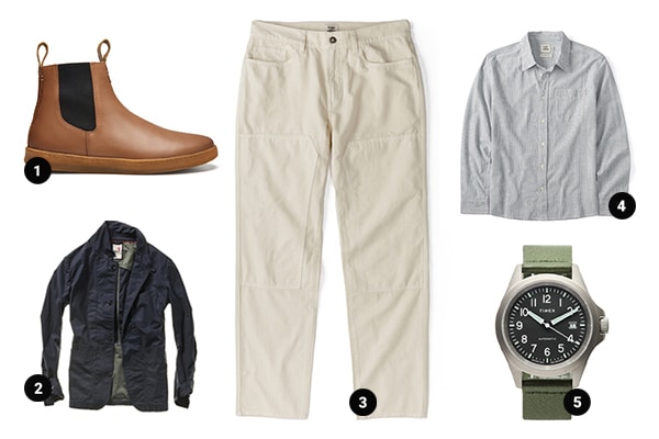 Discover the LUCA collection of men's clothing and accessories. Step into spring with a refined look featuring brown Chelsea boots, a stylish navy jacket, beige pants, a gray button-up shirt, and a sleek black-dial watch with a green strap. Outfitted & equipped for any occasion.