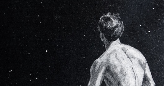 A black and white illustration of a shirtless person viewed from behind, looking up at a star-filled night sky, their posture filled with passion and the quiet hope of achievement.