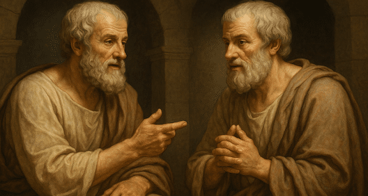 Two elderly men with white hair and beards wearing robes engage in a serious conversation on ancient rhetoric in an ancient stone setting.