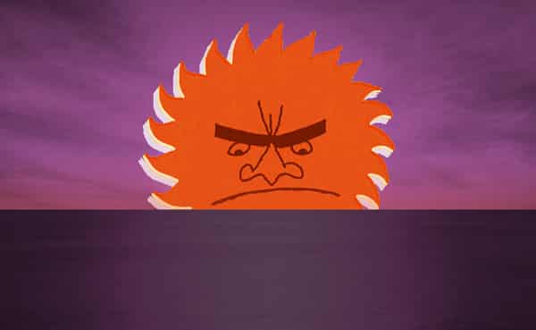 Cartoonish angry orange sun with a frowning face appears to rise or set over a calm purple ocean under a purple sky, hinting at the idea that even suns shouldn’t go to bed angry.
