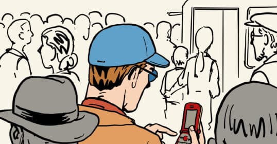 A person wearing a blue cap uses a burner phone in a crowded area, surrounded by people depicted in sketch style.