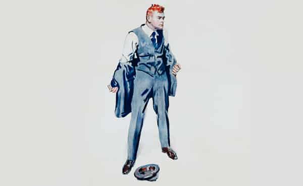 An illustrated man in a suit stands with clenched fists and an intense expression, embodying the struggle of anger management; a hat lies on the ground at his feet.