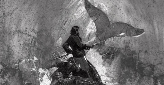 Black and white illustration of sailors in a small boat hunting a large whale, with one man standing and holding a harpoon—perfect cover art for Podcast #1 or episode 090 of your maritime adventure podcast.