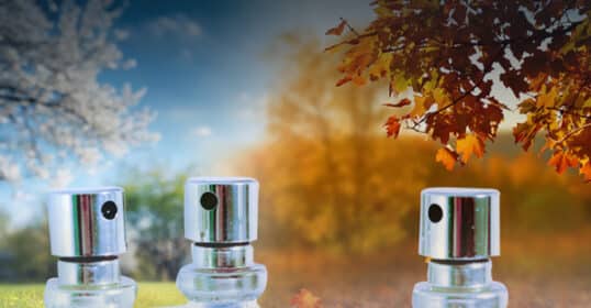 Three perfume bottles with silver spray tops are set against a background split between spring blossoms and autumn leaves, highlighting a selection of men’s cologne that makes for the perfect signature fragrances.