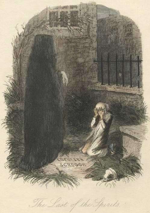 Ebenezer Scrooge illustration about ghost of christmas future.