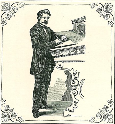 Victorian man standing and writing letter engraving.