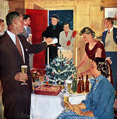 People enjoying christmas party with drinking illustration.