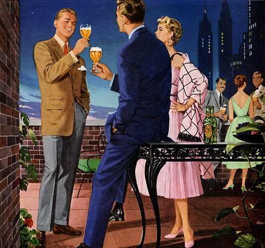 Vintage people enjoying rooftop party illustration.