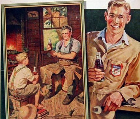 Father and son drinking coke illustration.