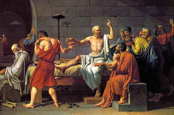 Socrates debating with peers in school illustration.