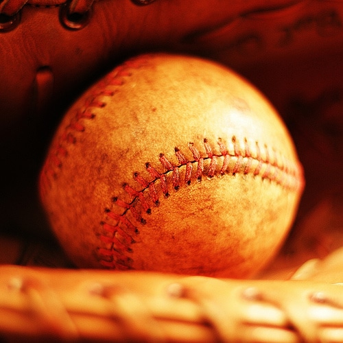 Baseball in the baseball glove. 