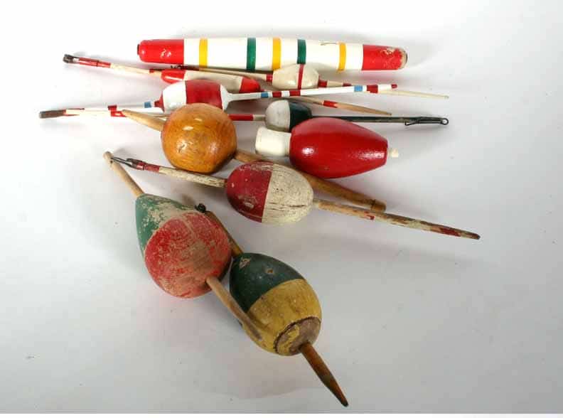 Vintage Fishing Bobbers Cork Painted Wood Red and White 