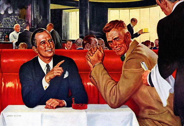 Men sitting at lunch table illustration. 