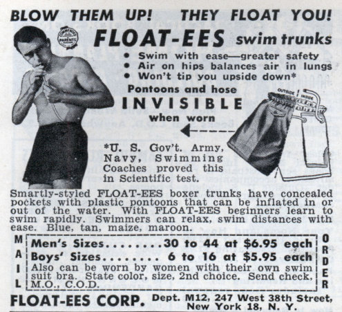 Vintage floatees blow up swim trunks advertisement.