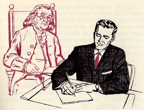 Illustration of Ben Franklin writing on a paper.