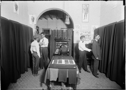 Vintage tailors measuring young men in early 1900's.