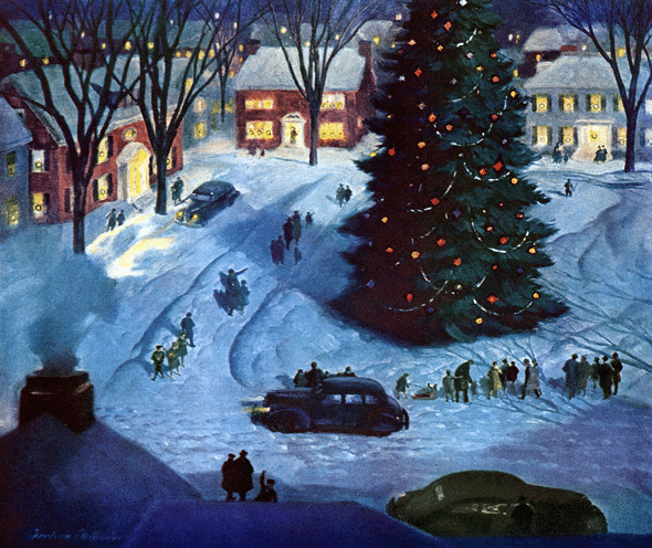 Vintage christmas town illustration.