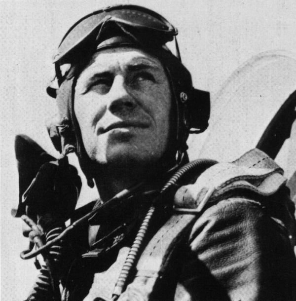 Chuck Yeager portrait while flying in uniform.