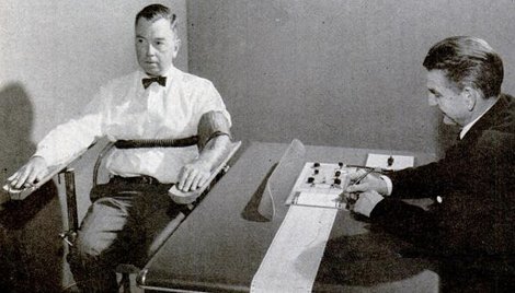 Vintage lie detector test on human. 