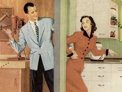 Vintage woman gripping the hand of man towards the kitchen illustration.