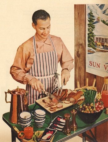 A man serving dinner on table illustration.