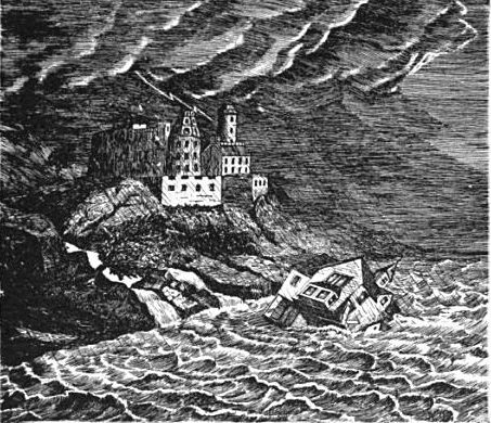 An illustration of house falling in sea during storm.