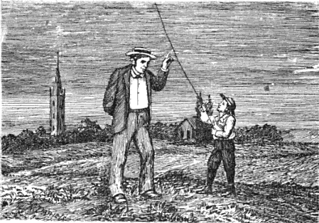 Man and boy flying kites in village illustration.