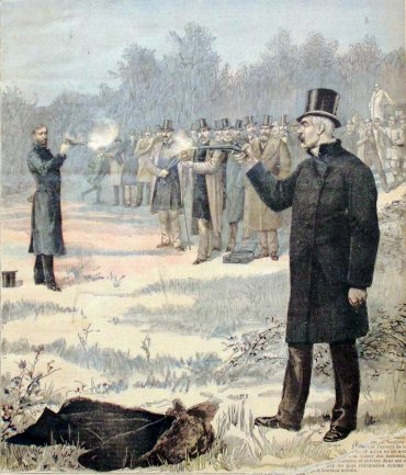 Victorian men shooting each other illustration.