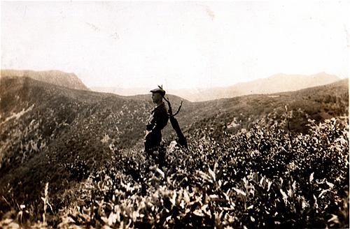 Vintage man standing on mountain.