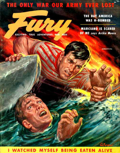 Vintage fury men's magazine cover shark attack.