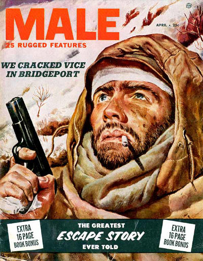 Male vintage men's magazine cover escape story man smoking and holding shot gun.