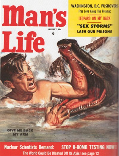 Illustration of a man fighting with an Alligator.