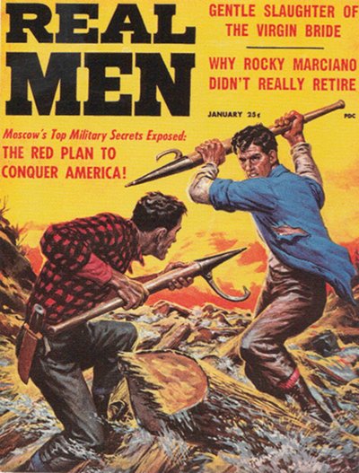 Real men vintage magazine cover fighting spears.