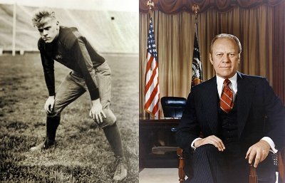 Vintage photo of Gerald ford as president and as football player.