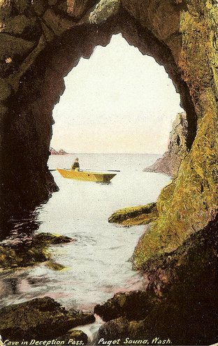 Vintage deception pass postcard rower water cave.