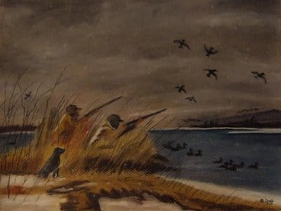 Painting men duck hunting early morning with dog