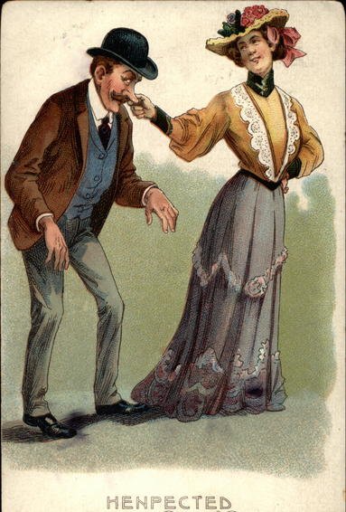 Vintage Victorian painting illustration in which woman leading man.