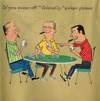 Vintage illustration of men playing friendly poker game.