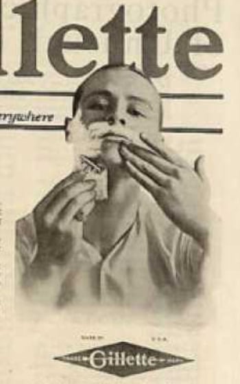 Vintage young boy shaving with Gillette razor ad advertisement.