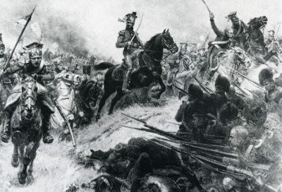 Vintage painting of men fighting in battle on horseback.
