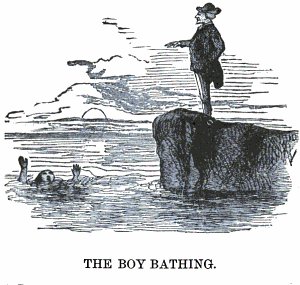 Man pointing towards a drowning boy standing at the edge of a cliff near ocean.